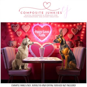 May include: Digital backdrop featuring two dogs sharing a milkshake at the "Puppy Love Cafe." The scene is decorated with hearts and string lights, creating a romantic atmosphere. The cafe sign is a neon heart. The image is for photographers and other creatives.