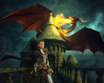 Puede incluir: Una mujer con un vestido dorado y negro se encuentra en un balcón de piedra con vistas a un dragón que escupe fuego. El dragón está respirando fuego y tiene alas rojas. La mujer está mirando al dragón con una expresión decidida.