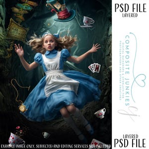 May include: A digital composite image featuring a young person in a blue dress, reminiscent of Alice in Wonderland, falling through a whimsical scene. Teacups, playing cards, and a pocket watch float around the central figure. The image includes text that says "PSD FILE LAYERED".