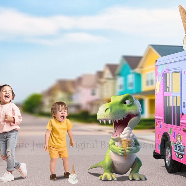 Dinosaur Digital Backdrop for Composite Photography / Icecream Truck Digital Background / Photoshop Overlays / Fun Digital Art Photo