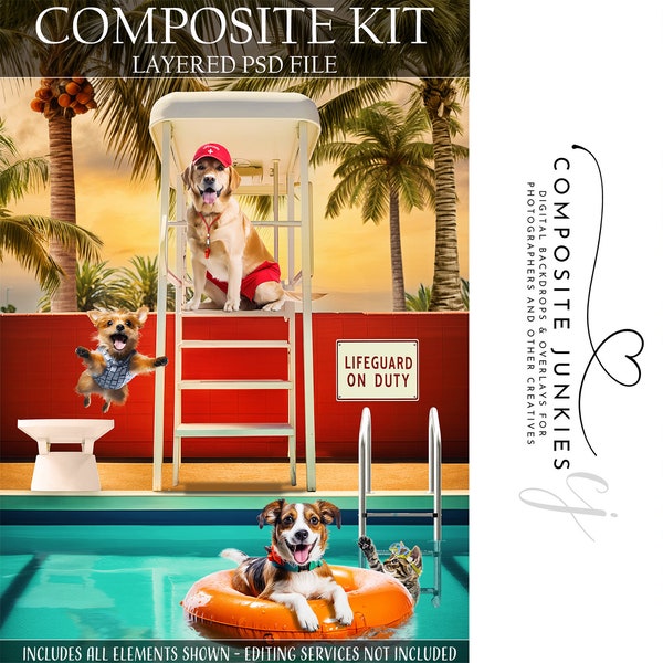 Poolside Pet Portrait Digital Background for Photography Composites, Funny Pet Backdrop for Photo Manipulations, Add your subjects, PSD File