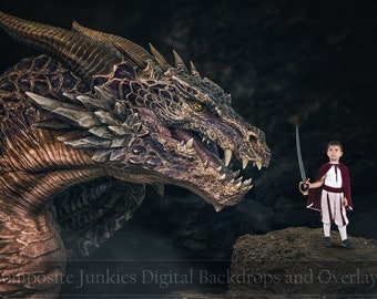 Fondo digital de dragón en cueva para composiciones fotográficas, fondo de monstruo, fondo de dragón, composición de criaturas fantásticas