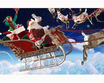 Christmas Digital Backdrop Background with Santa Claus magical Sleigh ride for Photographers, Holiday Background for Composite Images