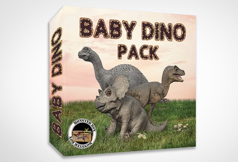 Pode incluir: Uma caixa com um fundo de p&ocirc;r do sol rosa e laranja com tr&ecirc;s dinossauros beb&ecirc;s. A caixa &eacute; etiquetada como "Baby Dino Pack" com uma fonte marrom costurada. A caixa tamb&eacute;m tem um logotipo Monster Box no lado.