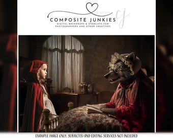 Little Red Riding Hood Digital Backdrop | Fairytale Scene with Wolf in Disguise | Storybook Overlay for Kids Photography & Composites