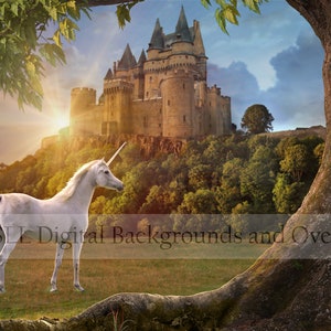 May include: A white unicorn stands in a grassy field with a large stone castle in the background. The sun is setting behind the castle, casting a golden glow over the scene. A large tree trunk is in the foreground, with its roots visible.
