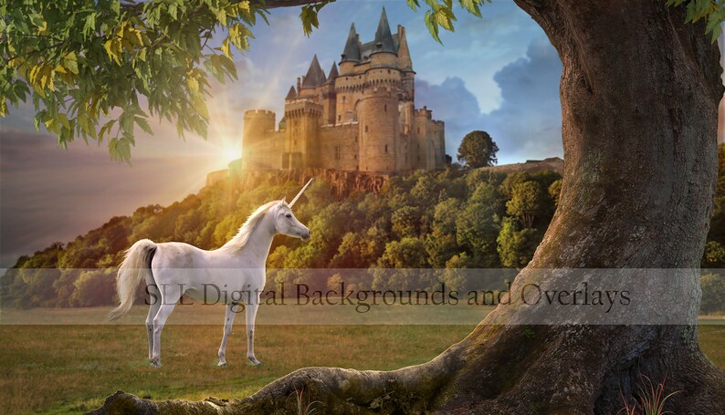 May include: A white unicorn stands in a grassy field with a large stone castle in the background. The sun is setting behind the castle, casting a golden glow over the scene. A large tree trunk is in the foreground, with its roots visible.