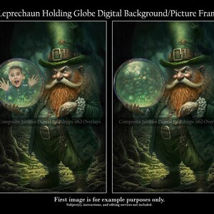 Può includere: Uno sfondo digitale o una cornice per foto con un folletto dei cartoni animati che tiene un globo. Il globo è trasparente e contiene bolle verdi al suo interno. Il folletto indossa un cappello verde con una fibbia dorata e una giacca verde. Lo sfondo è una foresta verde scuro.