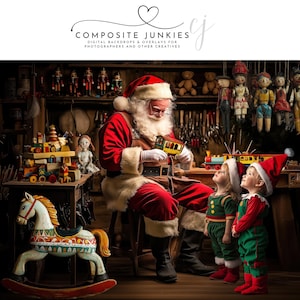 May include: Santa Claus in a red suit and hat, working on a toy train in his workshop. Two children in elf costumes watch him. A wooden rocking horse and other toys are in the foreground. The image includes the text "COMPOSITE JUNKIES".