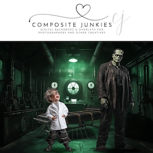 May include: A green and black digital backdrop featuring a child in a white lab coat and a Frankenstein's monster character. The backdrop is set in a dark, industrial setting with pipes and machinery.