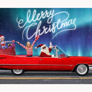 Santa Cruise Christmas Digital Backdrop, Holiday Car Background, Santa Claus fun Christmas Card Template, Photography Digital Backgrounds