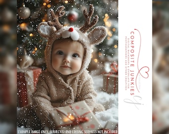 May include: A baby wearing a reindeer costume with antlers and a red nose, sitting in a snowy scene with wrapped gifts and a Christmas tree in the background. The image includes the text "COMPOSITE JUNKIES" and "EXAMPLE IMAGE ONLY, SUBJECT(S) AND EDITING SERVICES NOT INCLUDED."