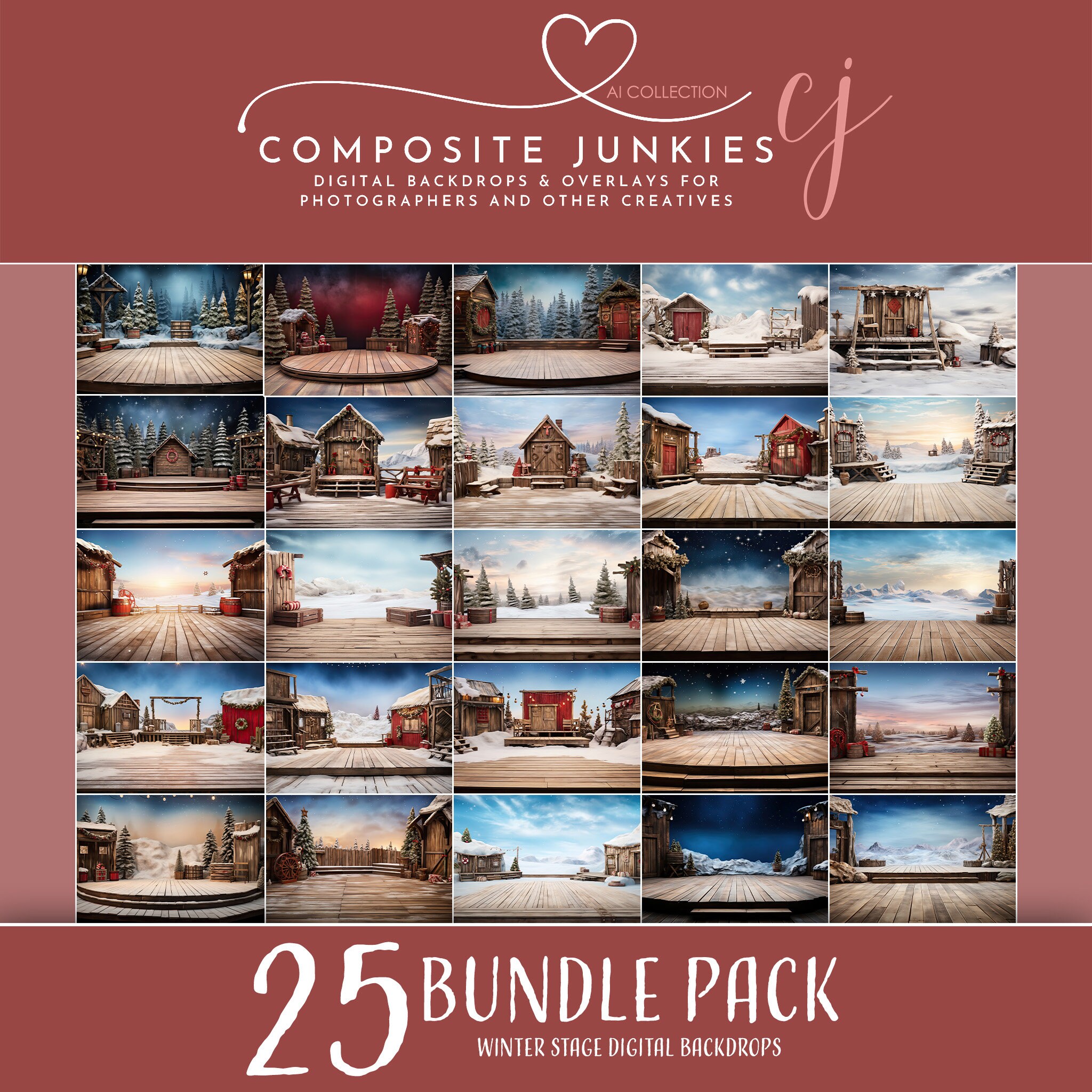 Bundle Pack - 25 Winter Stage Digital Backdrops for Photography Photo Manipulations, Background for Image Compositions, Photoshop Overlays