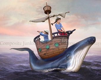 Fondo digital de barco de ballenas / Fondo digital de navegación / Fondo de ballenas / Fondo de barco / Compuesto de ballenas / Fondo digital