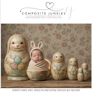 Peut inclure: Ensemble de poupées russes aux couleurs pastel avec des visages de lapin et des motifs d'œufs de Pâques. Un bébé portant un chapeau de lapin est niché dans une poupée assortie. Le texte "COMPOSITE JUNKIES" est visible.