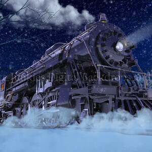 May include: A digital backdrop featuring a vintage black steam train with a bright headlight, billowing steam, and a passenger car. Snow falls in a winter scene with a snowman and snowy trees. The text "Composite Junkies' Digital Backdrops and Overlays" is visible.