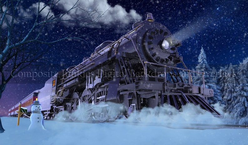 May include: A digital backdrop featuring a vintage black steam train with a bright headlight, billowing steam, and a passenger car. Snow falls in a winter scene with a snowman and snowy trees. The text "Composite Junkies' Digital Backdrops and Overlays" is visible.