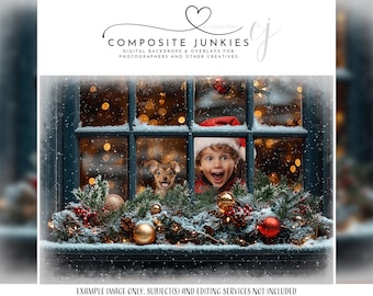 Christmas Window Digital Backdrop - Festive Holiday Scene for Photoshop Composites, Creative Photo Inserts, and Greeting Card Template