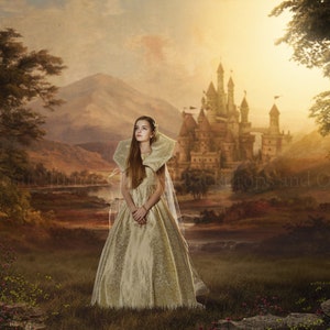 May include: A young girl in a gold dress stands in a field with a castle in the background. The sky is a soft orange and yellow, and there are trees on either side of the girl.