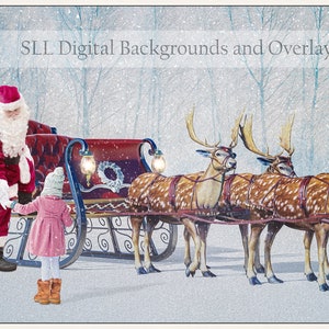 Santa Digital Backdrop Background - Reindeer and Sleigh - Christmas Background - Composite Image