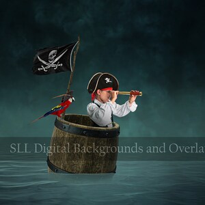 Pirate Digital Backdrop - Barrel Floating in Water Digital Background - Parrot - Composite Image - Image Editing Resources {PREMIUM}