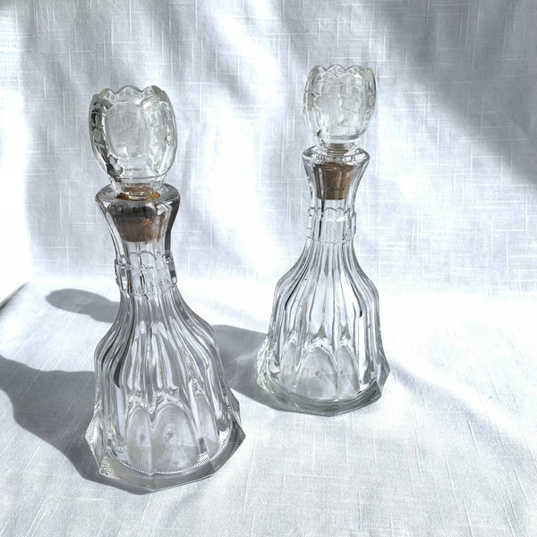 Rare Heisey Decanters / Antique Heisey Decanter Set / Heisey Hand Blown Decanter with Etched Tops