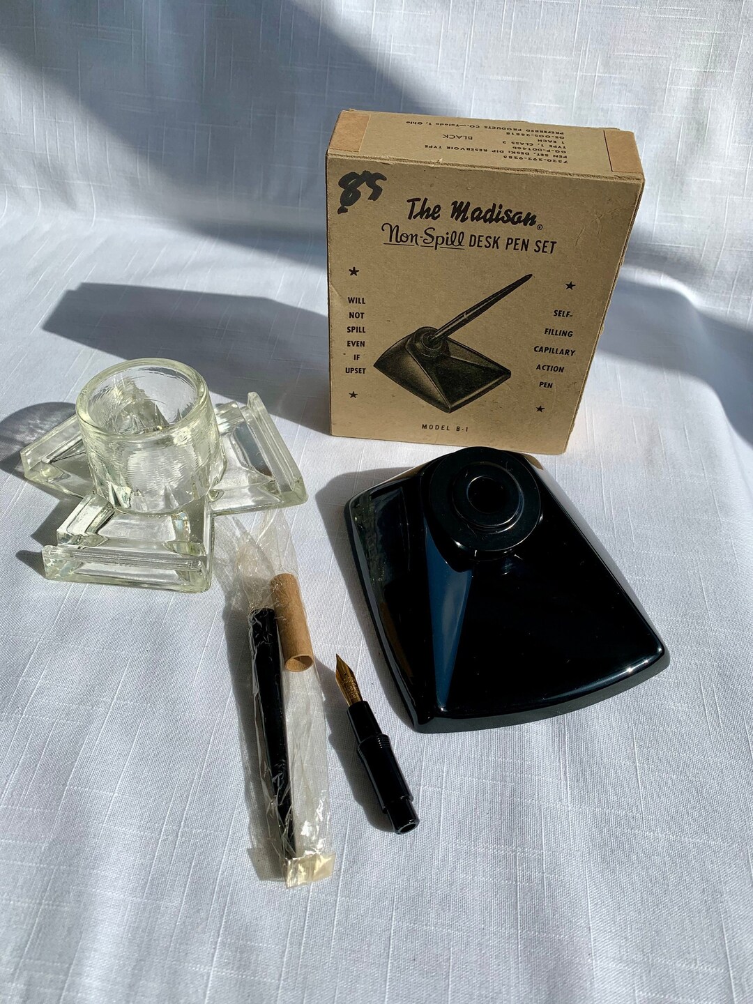 Antique Glass Inkwell Art Deco Inkwell Triple Pen Holder / Vintage