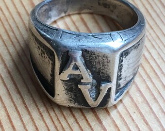 SALE Art Deco Sterling Silver Ring Men&#39;s Women&#39;s Vintage Letters A.V. Club Team Sorority 1930 Sz. 9 3/4 Signet Monogram Heavy Bikers Ring