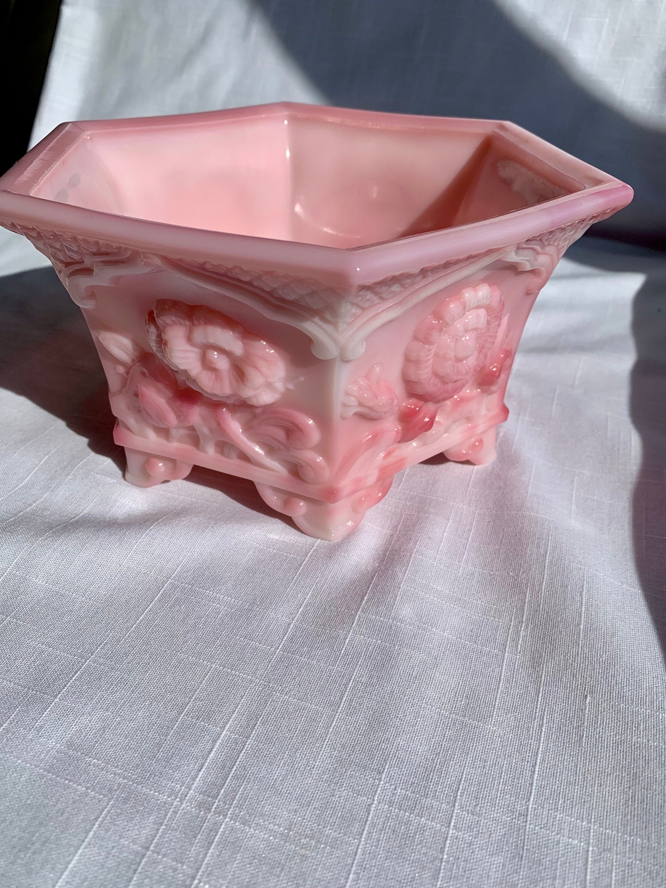 アンティーク ヴィンテージ レア フェントン ピンク ピーチクレスト ボウル Fenton Pink Hexagon Bowl Vintage Fenton Chrysanthemum Bowl