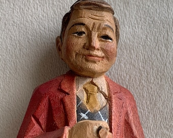 Vintage Wood Carved Cigar Man Wood Carving Vintage Hand Carved Figurine Hand Painted Oil Color Italy Germany Sweden Wood Figures 1950s 1960s