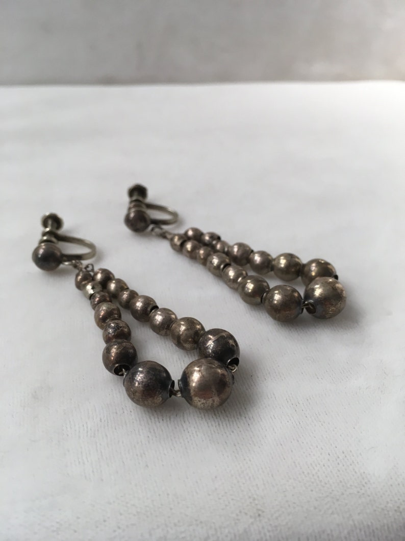 Mexico Iguala Earrings / Vintage Mexico Sterling Silver Hollow Bead Earrings Silver Pearl Earring Graduated Beads Signed MVM 925 Screw Backs image 3