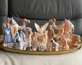 Vintage Christmas Nativity Set Ceramic Hand Painted Nativity Set Small Beautiful Nativity Creche 15 Piece Set Figurines 1990&#39;s
