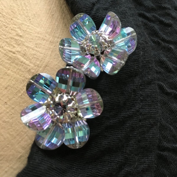 Vendome Flower Earrings Vintage Glass Clip AB Aurora Borealis Pink Blue Sparkle Moving Pedals Designer Madmen Era 1960s 60s Mid Century Wow