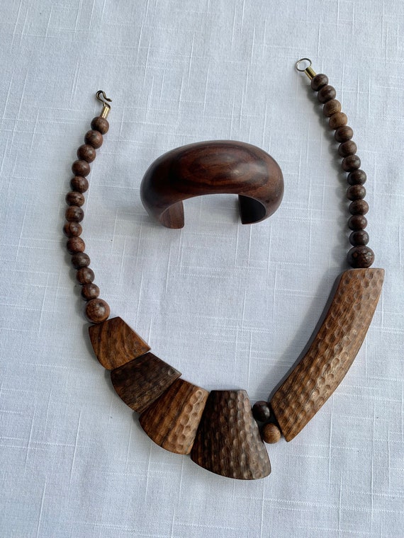 Vintage Wood Necklace Set Wood Cuff Textured Chunk