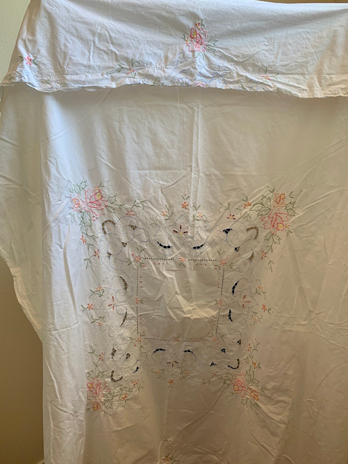 Vintage White Cotton Shower Curtain Embroidered Pink Roses | Etsy