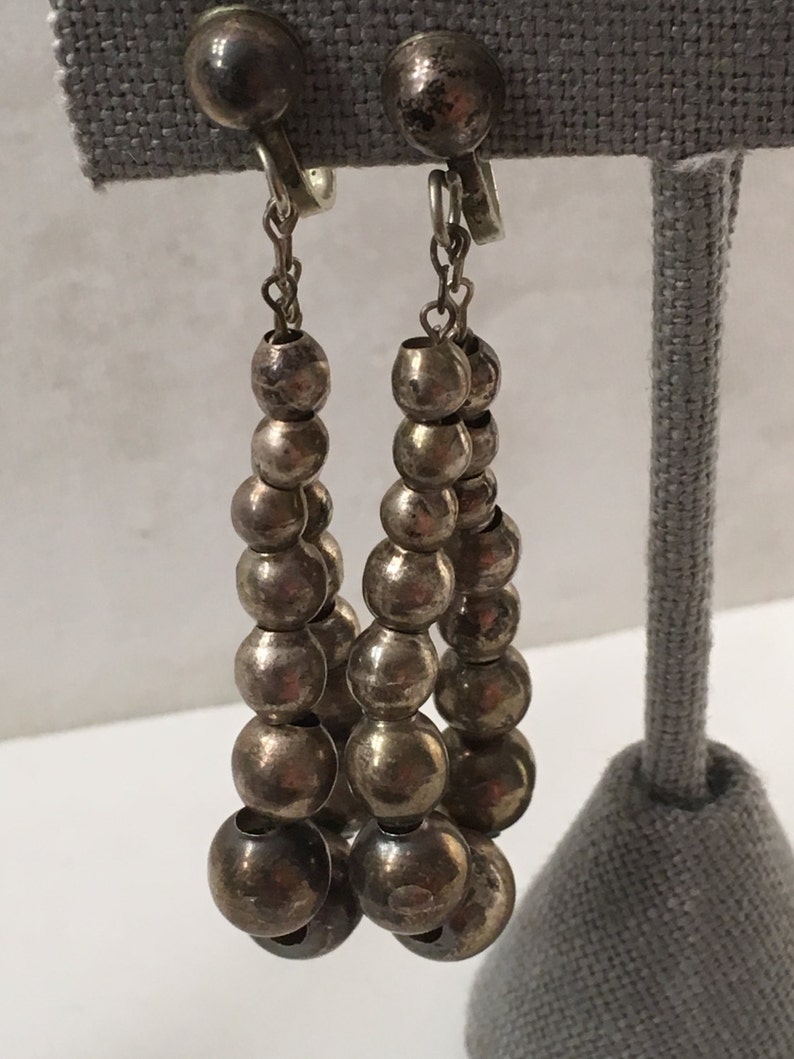 Mexico Iguala Earrings / Vintage Mexico Sterling Silver Hollow Bead Earrings Silver Pearl Earring Graduated Beads Signed MVM 925 Screw Backs image 2