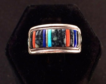 Old Vault Finds Raymond Yazzie Ring Classic Cornrow Ring Vintage Raymond Yazzie Sterling and Gold Micro Inlay Rare Turquoise Women's Size 6