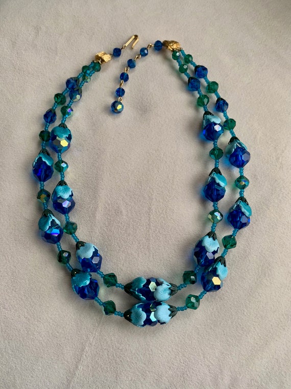 Vintage Vendome Necklace Enamel Leaf Blue Green Aurora Borealis