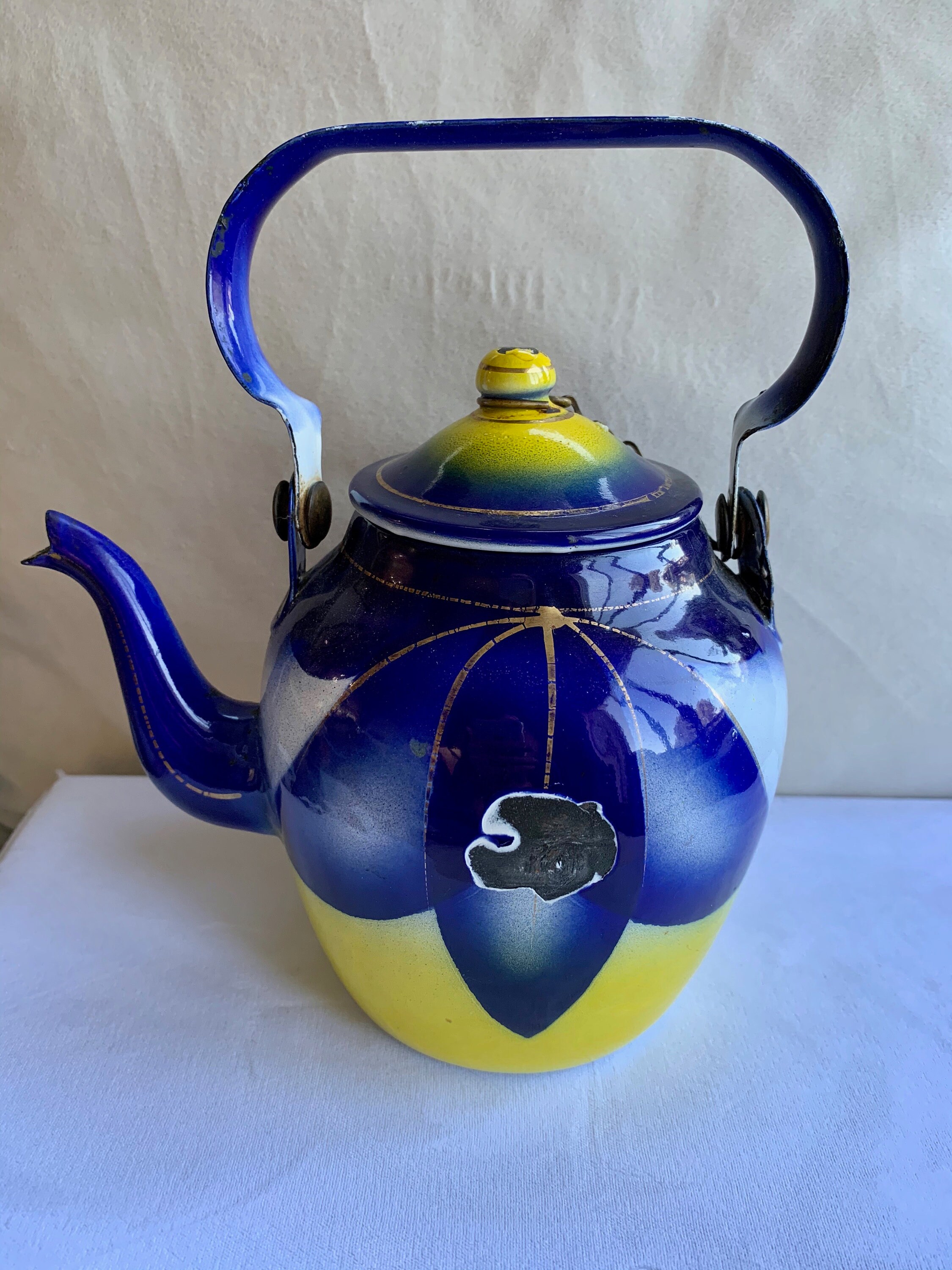 Art Deco Enamel Teapot Blue Yellow White Antique French