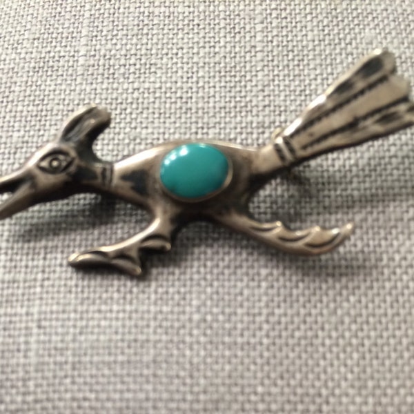 Vintage Road Runner Pin Signed R Green Turquoise Road Runner Brooch Bird Navajo Sterling Silver Figural Southwestern Brooch Jewelry WOW!