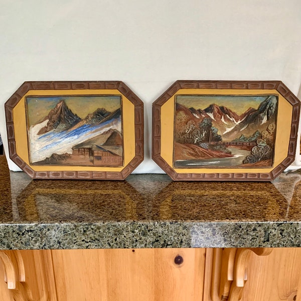 Vintage Wood Relief Carving Plaque Set Mt. Fugi / Bridge / Japan Sliced Wood / Hand Carved Wooden Painting / Japanese Collectible Wall Art