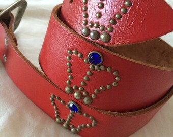Rhinestone Red Belt / Leather Queen Belt / Wide Brass Studded / Crown Leather Belt / Vintage Jeweled Belt / Women&#39;s Size 34 Men&#39;s Belt / MCM
