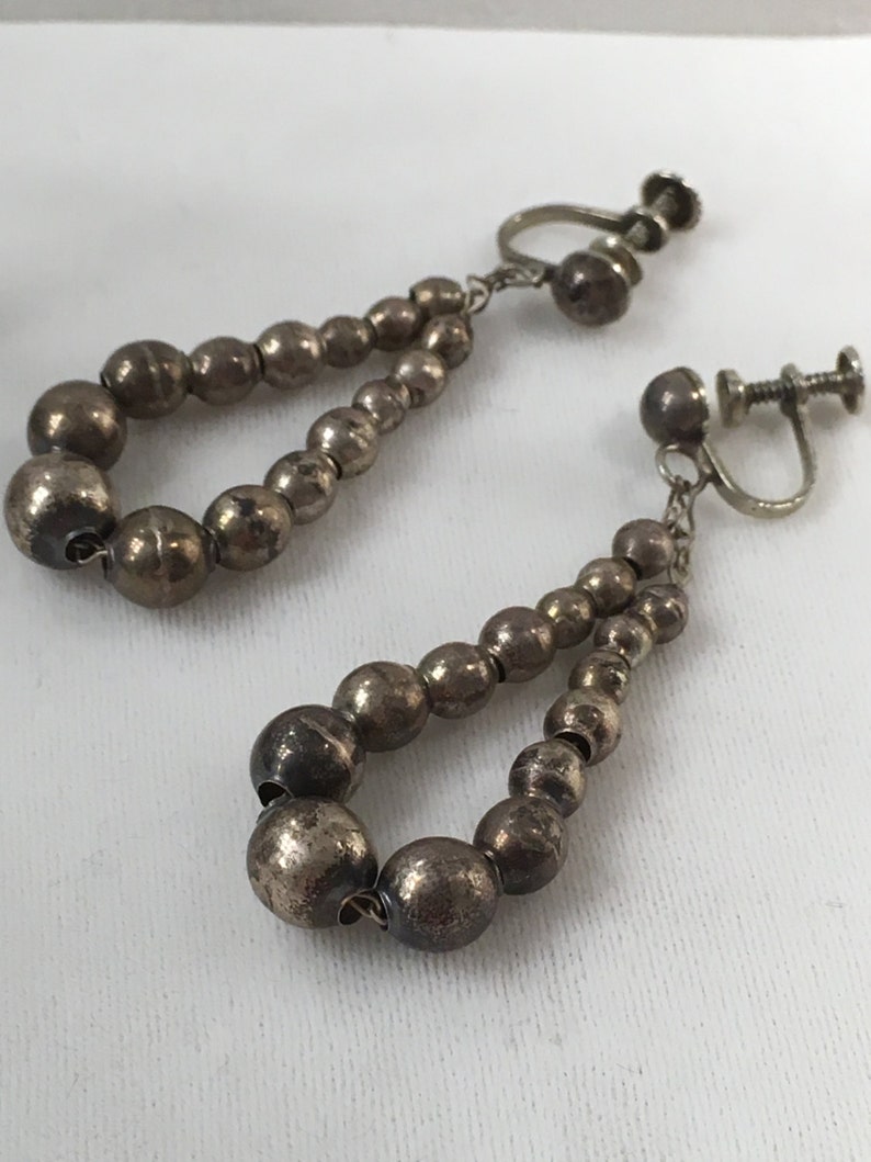 Mexico Iguala Earrings / Vintage Mexico Sterling Silver Hollow Bead Earrings Silver Pearl Earring Graduated Beads Signed MVM 925 Screw Backs image 1