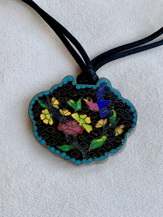 Antique Chinese Cloisonné Necklace Reversible Bir… - image 2