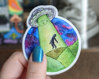 Aliens Sticker // Water Bottle Sticker // Laptop Sticker // Die Cut Sticker // UFO // Abduction // Space // X Files // Watercolor Art
