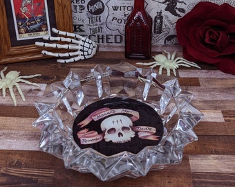 Momento Mori Glass Ash Tray / Upcycled Art / Skull Art / Gothic Ring Holder / Death Art / Resin Coated / Square Trinket Tray / Memento Mori