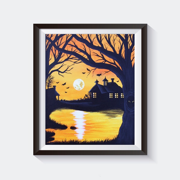 Halloween Scene // Print of Acrylic Painting // Halloween Painting // Spooky Art // Silhouette Fall