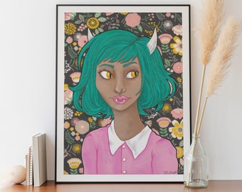 Fang Monster Girl Art Print / Floral Painting / Spooky Girl / Demon / Vampire / Pastel Goth Décor / Femme Devil Girl / Print of Original