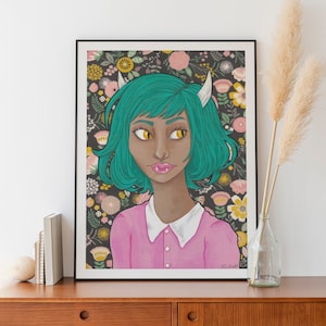 Fang Monster Girl Art Print / Floral Painting / Spooky Girl / Demon / Vampire / Pastel Goth Décor / Femme Devil Girl / Print of Original