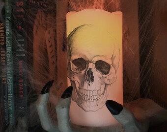 Spooky Skull Flameless Pillar Candle / Halloween LED Candle / Creepy / Morbid Art / Battery Operated Candle / Skeleton / Anatomy Décor